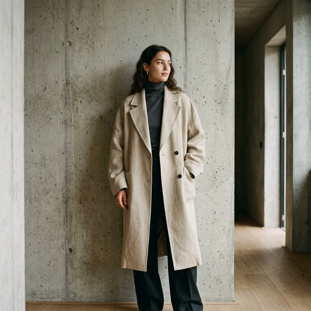 High-end editorial fashion model in sand trench coat